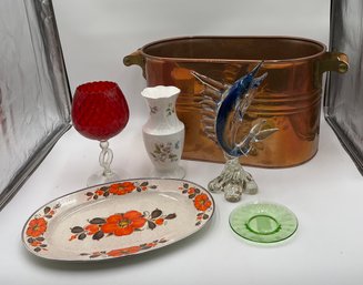 Uranium Glass Saucer, Revere Copper Boiler Bucket Tub, Glass Marlin, Ainsley English Vase, Sanko Ware Platter