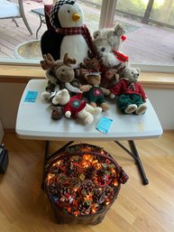 R3 Stuffed Christmas Animals/toys And Decorated Lit Christmas Themed Basket. Box Of Christmas Craft Supplies