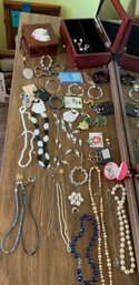 Rm 5 - Assorted Costume Jewelry, Rings, Christmas Brooches, Necklaces, Bracelets, 2 Wooden Jewelry Boxes