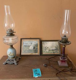 Rm6 One Oil Hurricane Lamp, One Electric Hurricane Lamp, Two Framed Prints