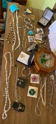 Rm 5 - Assorted Costume Jewelry, Brooches, Wooden Jewelry Box, Necklaces, Watch, Decorative Barrette