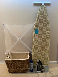 R8 Proctor Silex Iron, Ironing Board, Drying Rack, Woven Basket, Partial Spray Bottle Of Heavy Starch
