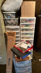 R10 Arts And Crafts Materials, 3 Plastic Bin Carts With Wheels, Bag Of Sealed Poly-fil, Two Binders