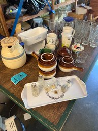 Variety Of Dishware: Stoneware Jug, Lidded Soup Bowls, Corningware  Bread Pan, Mugs, Glasses, Glass Storage