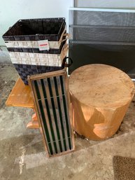 Small Table, 7 Storage Baskets, Stain Glass In Wood Frame, Wood Stump Table