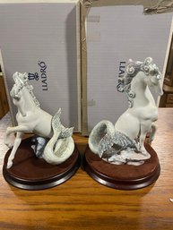 Lladro Triton Seahorse Figurines With Stands In Open Boxes