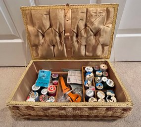 R8 Vintage Sewing Basket With Thread, Scissors, Buttons, De-piller, Curved Upholstery Needles, Seam Rippers