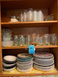 Rm 7 - Assorted Plates, Glass Decorative Bowls, Butter Dishes, Jar Glasses With Handles, Assorted Glassware