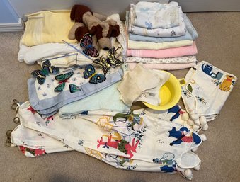 R9 Assorted Vintage Baby Blankets, Washcloths, Towel, Curtain And Valance Set, Vintage Toddler Chamber Pot