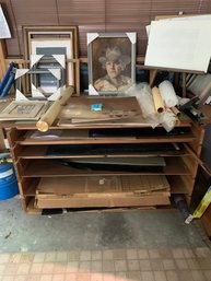 Architectural Drawing Storage Table, 2 Easels, Assorted Frames, Assorted Artwork, Assorted Drawing Supplies