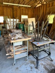 S4 Lot Of Wood In Various Sizes, Three Wooden Stools, Wooden Cabinet, Logs, Planks, Two Empty Styrofoam Boxes,