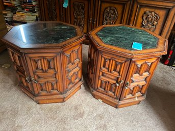 R2  Two Vintage Teakwood End Tables With Marble Inlay From The Philippines 1974.
