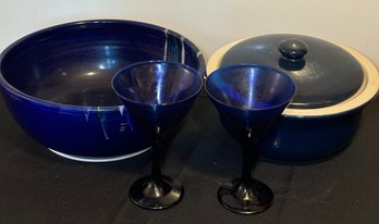 R2 Pier 1 Ovenware Pot, Ceramic Bowl, And Two Martini Blue Glasses