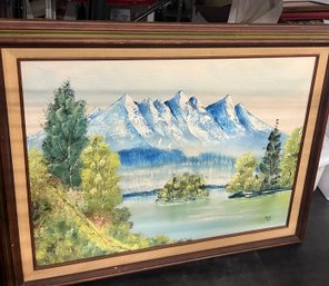 Framed Signed Mountain Vista On Canvas