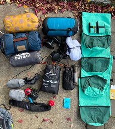 RS Storage Bin Of Camping Gear. Sleeping Bags, Dog Food Travel Bags, Air Pumps, Rain Fly , Travel Pillows,