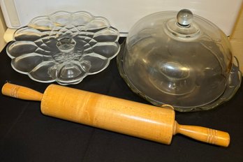 R2 Two Vintage Cake Stands And A Large Wooden Rolling Pin