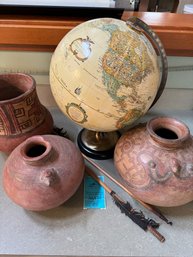 RmA4 Globe With Stand, Decorative Sticks And Three Pottery Bowls/ Jugs