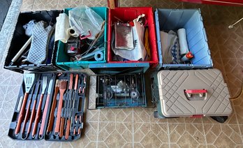Rm0 Camping Gear And Equipment, Vintage Sears Two Burner Stove, Stainless Steel Grill Tools, Four Storage Bins