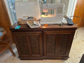 R4 Vintage Carved Teakwood Sewing Cabinet With Pull Out Chair, Kenmore Sewing Machine With Cover,
