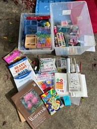 RS Two Bins Of Craft Supplies, Beads, Paper, Paint. Books, Please See Photos