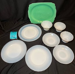 R3 Vintage White Opalescent Glass Compote / Dessert Bowl, Saucers, Salad Plates, Plate, And Vintage Serving