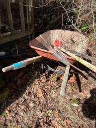R00 Wheel Barrow, Garden Tools.   All Tools In Wheel Barrow And Tools Hanging On Back Of Carport/shed.