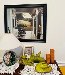 R3 Lot Of Lamp, Framed Artwork, Stool, Frame,