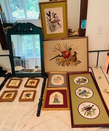 R4 Variety Of Homemade Cross Stitched Art And A Mirror