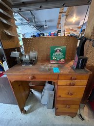 Rm0 Five Drawer Desk Workbench Duracraft Bench Grinder, Canibal Can Crusher, And Other Tools Inside Drawers