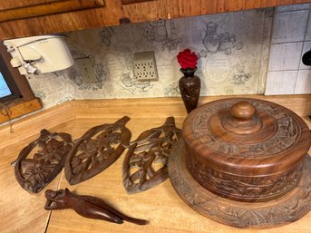 Rm3 Teak Wook Lazy Susan, Three Decorative Wall Hanging, Vase With Knit Flower And Lady Figurine W/ Broken Leg