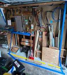 Rm0 Wall Of Tools, Workmate Folding Bench, Saws, Wood, Stencils, Clamps, Screws, Push Broom