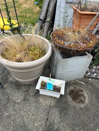 Three Planters, One Plastic, One Metal, One Pottery