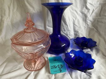 R1  Vintage Anchor Hocking Mayfair Candy Dish, Cobalt Glass Vase And Two Footed Cobalt Candle Holders