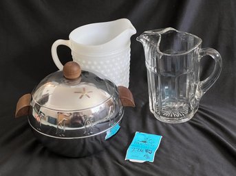 R1 Vintage Stainless Westbend Penguin  Hot Cold Server. Anchor Hocking Hobnail Milk Glass Pitcher And Clear