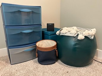 R10 Bose Bluetooth Speaker, Blue Plastic Cabinets, Blue Chair With Storage, Small Basket, Bedding, Green Chair