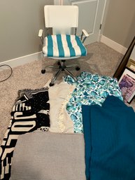 R10 Chair With Blue And White Striped Cushion, Five Throw Blankets
