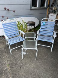 Two Folding Patio Chairs, Two Small Glass Topped Patio Tables, One Bar Stool.  See Pics For Condition