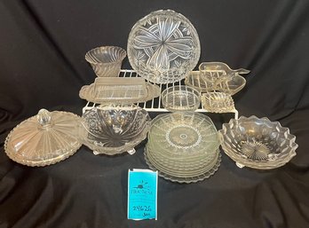 R3 Glass Plates, Bowls, Butter Dish, Anchor Hocking And Pyrex Mini Bowls, Wire Storage Shelf