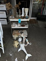 Vintage Metal Wheeled Cart 30in X 22in Various Vases And Candle Holders Three Pieces Of Metal Mermaid Wall Art