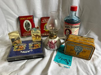 R1 Vintage Tobacco Tins, Vintage Car Lamp Tin, Small Oil Lamp, Camel Lighter, Winston Lighter Mrs. Stewarts