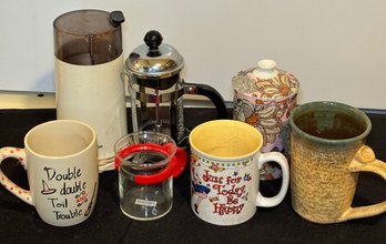 R2 Coffee Lot To Include Braun Coffee Grinder, Bodum Coffee Press, And A Small Collection Of Mugs