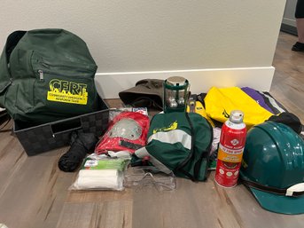 R3 Various Camping And Survival Gear And Supplies, Emergency Backpack, Crowbar, Lantern, Hard Hat