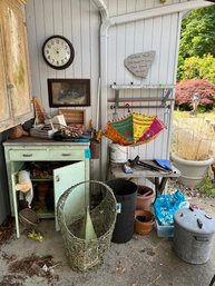 Outdoor Wood Cabinet, Small Wood Table, Galvanized Wall Shelf, Yard Art, Wall Clock, Pressure Cooker