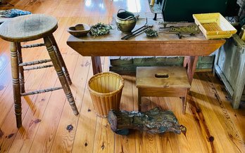 R1 Wood Bench, Wood Stool, Vintage Hooks And Brackets, Baskets, Stepstool