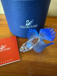 R1 Swarovski Blue Fish With Certificate Book And Original Box. See Measurements And Small Chip/ Damage