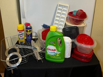 R2 Miscellaneous Lot Of Plastic Storage, Dish Rack, And Small Cleaning Lot