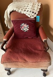 R6 Vintage Wood Framed Armchair With Needlework Pillow And Crochet Shawl