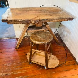 R2 Wood Table And Stool On Wheels, Likely Handmade