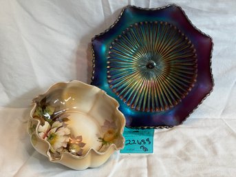 R1 Amethyst Carnival Glass Ruffled Edge Plate And Vintage Noritake Nippon Pattern Bowl