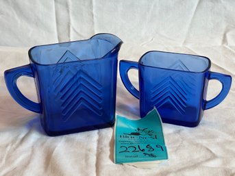 R1 Vintage Hazel Atlas Chevron Blue Cobalt Glass Sugar And Creamer Set